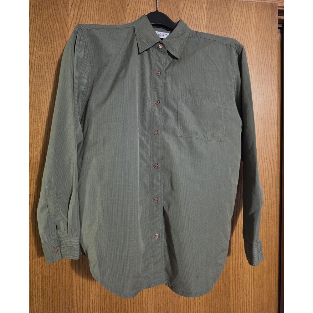 Keren Hart Green Striped Long Sleeve Button-Up Shirt M Polyester/Rayon